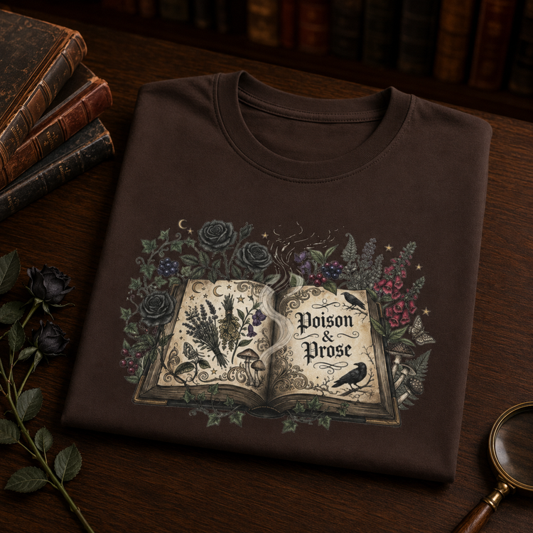 A folded dark brown t-shirt with a gothic-style graphic of an open book surrounded by flowers and birds, featuring the text &
