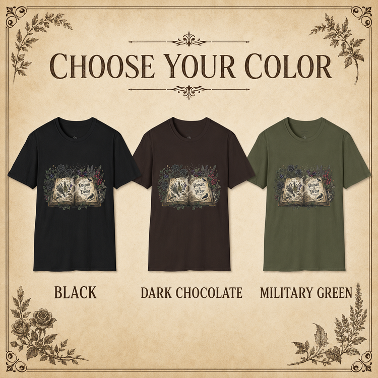 A color selection graphic showing three short-sleeve graphic T-shirts on a parchment-style background with the text &