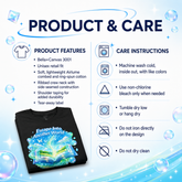 A product and care information graphic for a black Bella+Canvas T-shirt. The left side lists product features, including a Bella+Canvas 3001 fit, unisex retail fit, soft lightweight Airline combed and ring-spun cotton, ribbed crew neck, side-seamed construction, shoulder taping, and tear-away label.