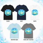 Five short-sleeve graphic T-shirts shown in different colorways on a decorative white background with bubble graphics. The shirts are labeled BLACK, NAVY, WHITE, HEATHER AQUA, and DARK GREY HEATHER, and each features a large front graphic of an open glowing book with blue and green water-like effects and the text &