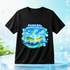 A black short-sleeve T-shirt with a colorful graphic on the chest reading &