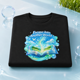 A folded black t-shirt with a colorful graphic print that reads &