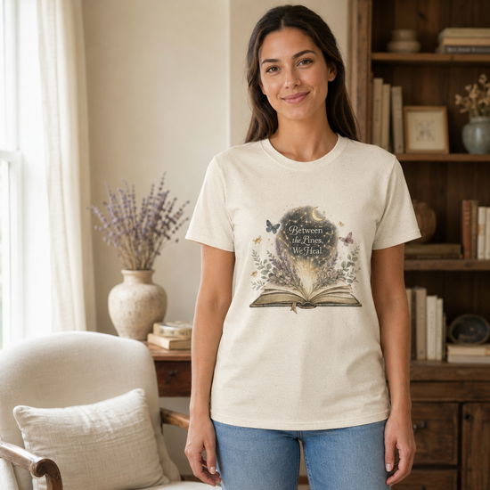 A woman wearing a cream-colored graphic t-shirt with a design of an open book, butterflies, and the text &