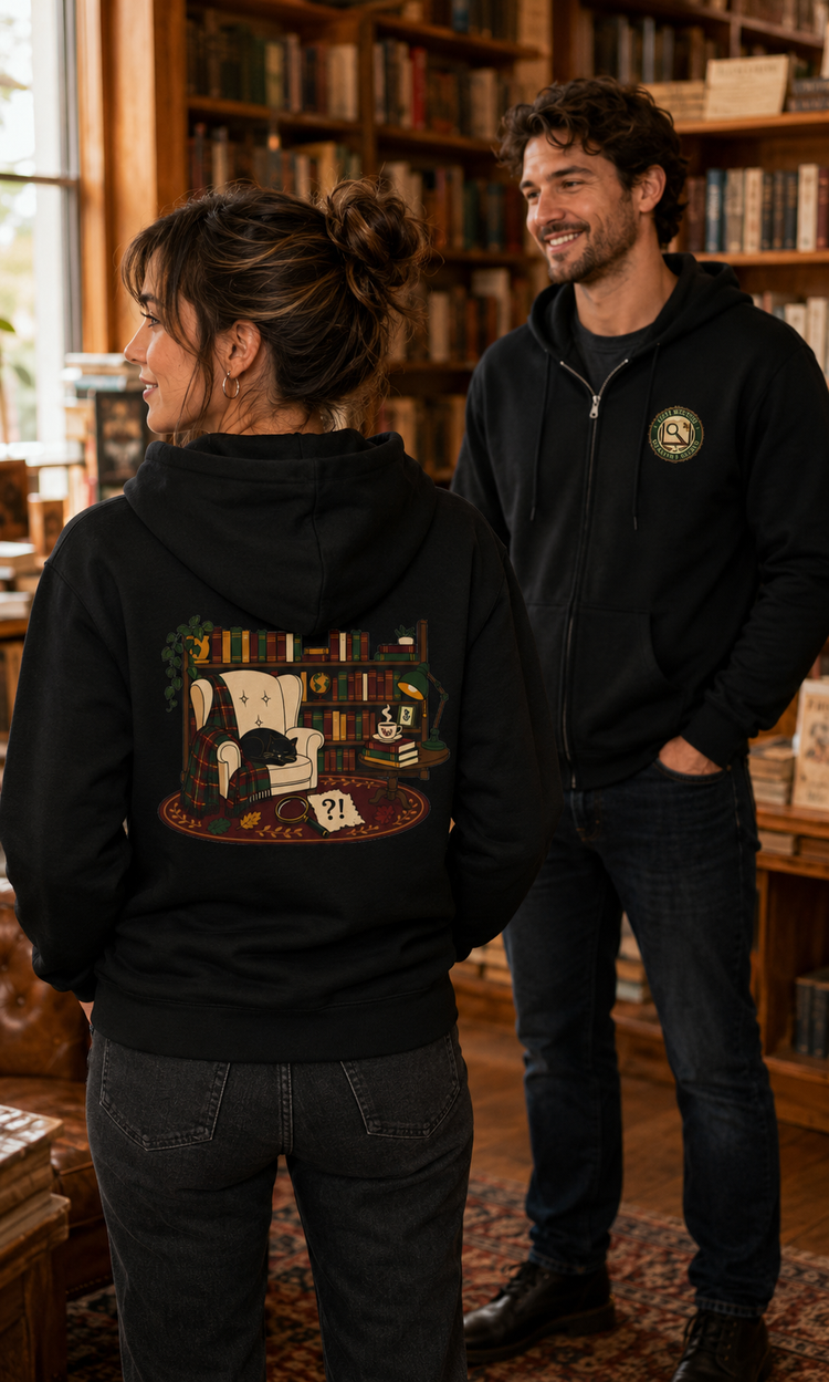 A man and a woman standing in a cozy, book-filled library. The woman in the foreground is shown from the back wearing a black hoodie with a large, detailed graphic of a library scene on the back.