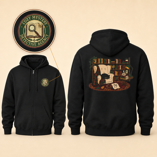Cozy Mystery Detective Agency Zip-Up Hoodie | Bookish Cat Reading Nook