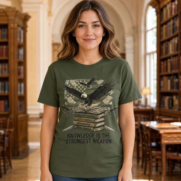 A woman wearing an olive green graphic t-shirt in a library setting. The t-shirt features a graphic of an eagle over stacked books with an American flag background and the text &