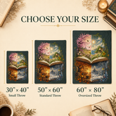 A size comparison graphic for throw blankets featuring an open book illustration. The image shows three blanket sizes labeled 30" x 40" Small Throw, 50" x 60" Standard Throw, and 60" x 80" Oversized Throw, with decorative books, a candle, and dried flowers around them.