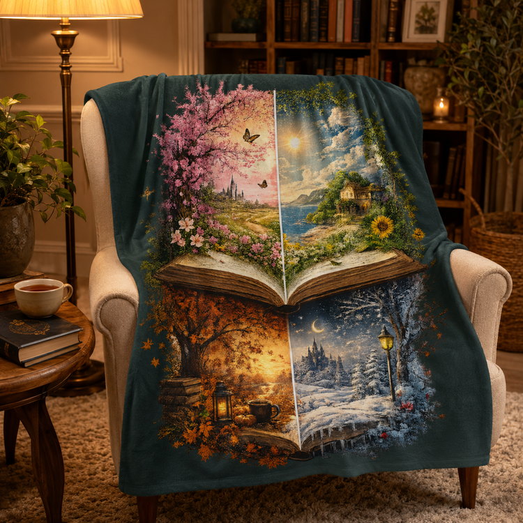 A dark teal throw blanket draped over a cream armchair in a cozy living room. The blanket features a large, colorful printed design of an open book with four quadrants showing different seasons: pink cherry blossoms, a sunny coastal landscape, autumn foliage, and a snowy winter night scene.