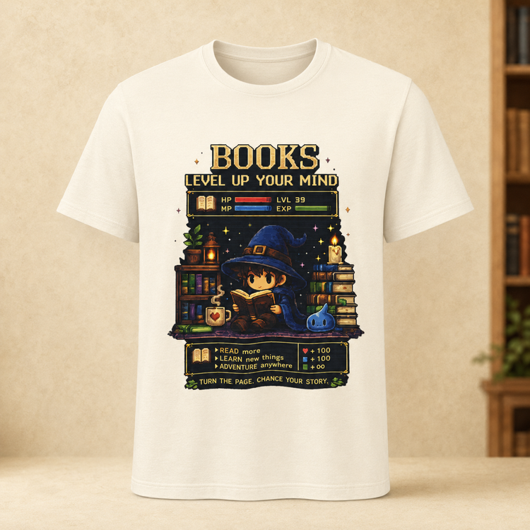 An off-white short-sleeve t-shirt with a colorful graphic print of a cartoon wizard character reading a book in a library, styled with RPG game interface text like &