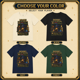 Four short-sleeve graphic T-shirts arranged in a 2x2 grid on a beige decorative background with the headline &