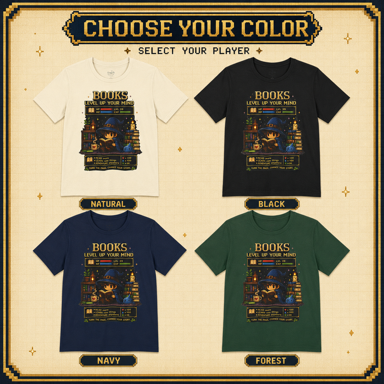 Four short-sleeve graphic T-shirts arranged in a 2x2 grid on a beige decorative background with the headline &