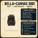 A white Bella+Canvas 3001 short-sleeve t-shirt with a colorful graphic print on the front, displayed on a beige background with product details and care instructions.