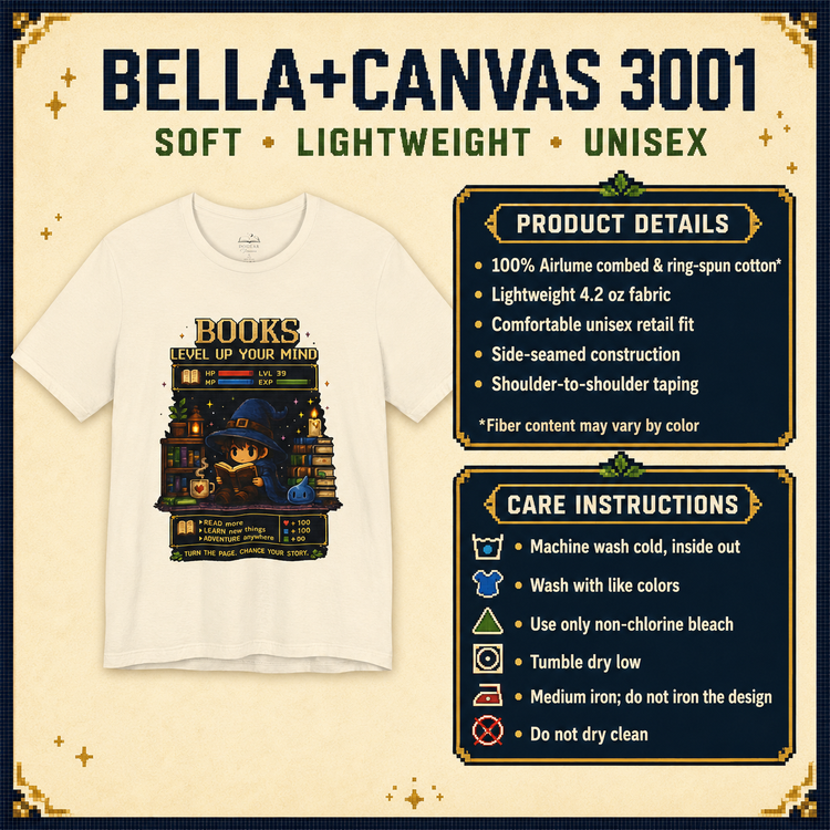 A white Bella+Canvas 3001 short-sleeve t-shirt with a colorful graphic print on the front, displayed on a beige background with product details and care instructions.