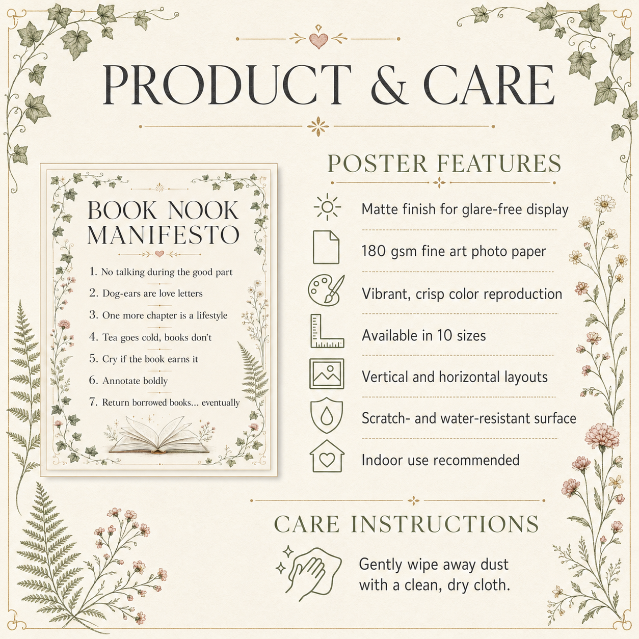 A decorative product and care information graphic for a Book Nook Manifesto poster. The design has an off-white background with floral borders and elegant typography.