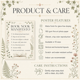 A decorative product and care information graphic for a Book Nook Manifesto poster. The design has an off-white background with floral borders and elegant typography.
