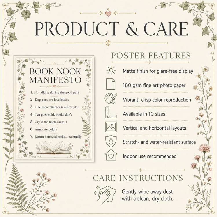 A decorative product and care information graphic for a Book Nook Manifesto poster. The design has an off-white background with floral borders and elegant typography.