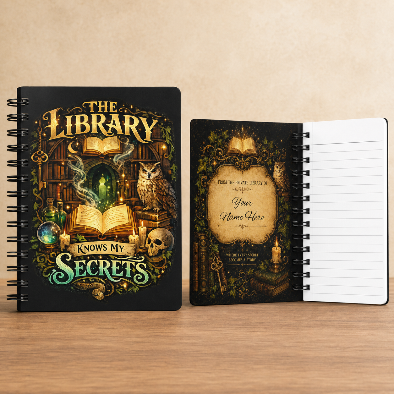 A black spiral notebook with a gothic library cover design is shown closed next to an open version showing lined pages. The cover features an illustration of an open book, glowing green portal, owl, skull, and the text &