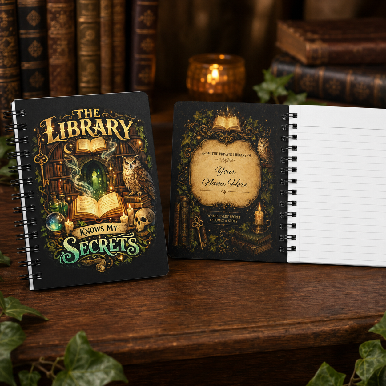Two personalized spiral-bound notebooks with gothic library-themed covers are displayed on a wooden table. One notebook is closed, showing the front cover design with an illustration of an open library, skull, owl, and glowing book.