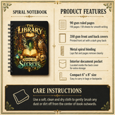 A spiral notebook cover mockup on a beige product information graphic with text reading &