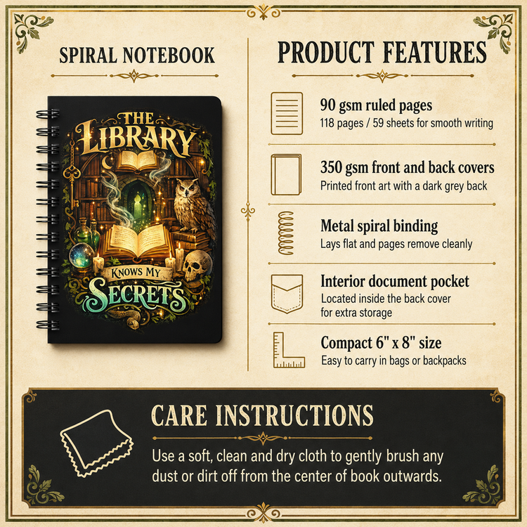A spiral notebook cover mockup on a beige product information graphic with text reading &