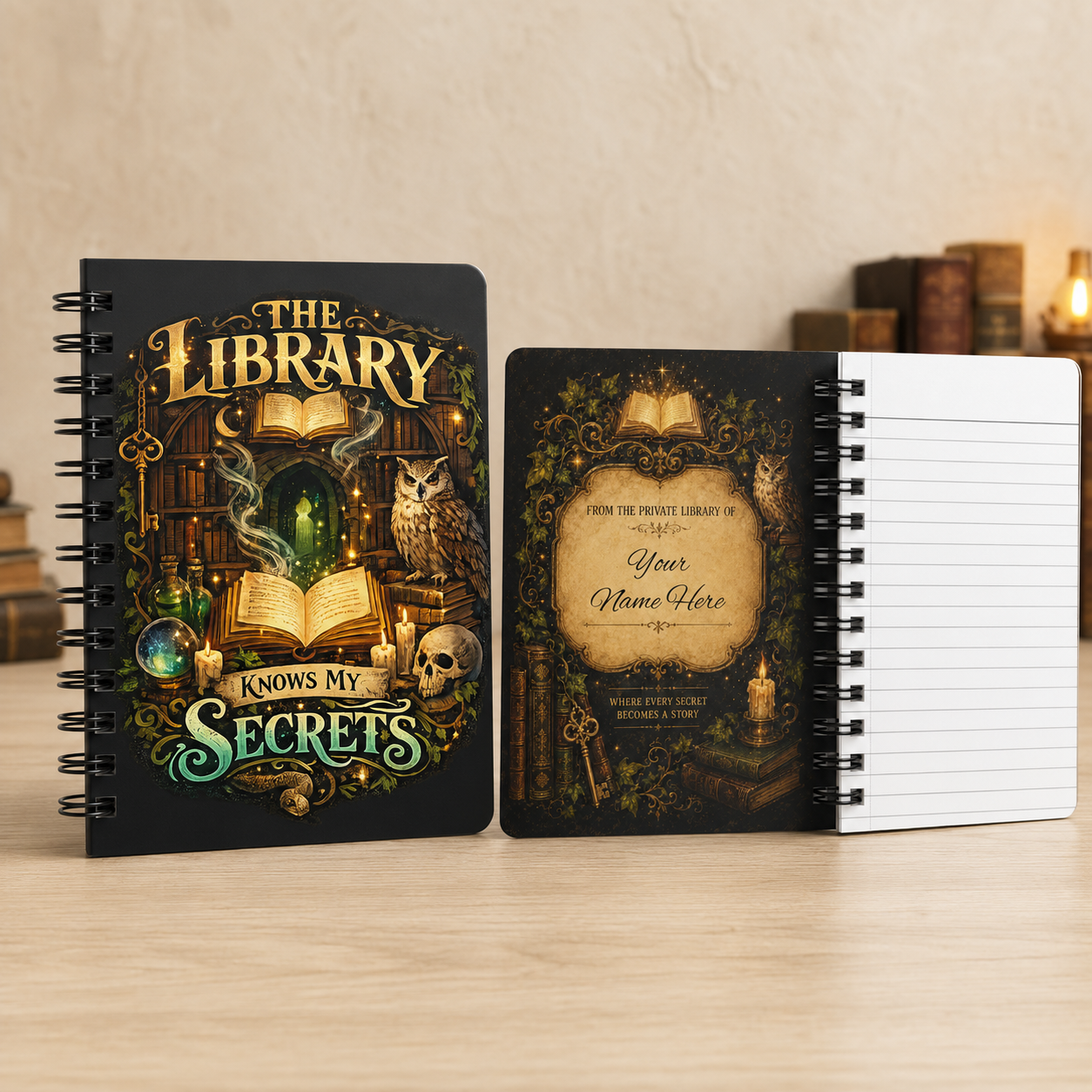 Two spiral-bound notebooks with gothic library-themed designs are displayed on a light wood surface. One notebook shows the front cover with an illustration of an open book, owl, skull, and glowing green potion, with the text &