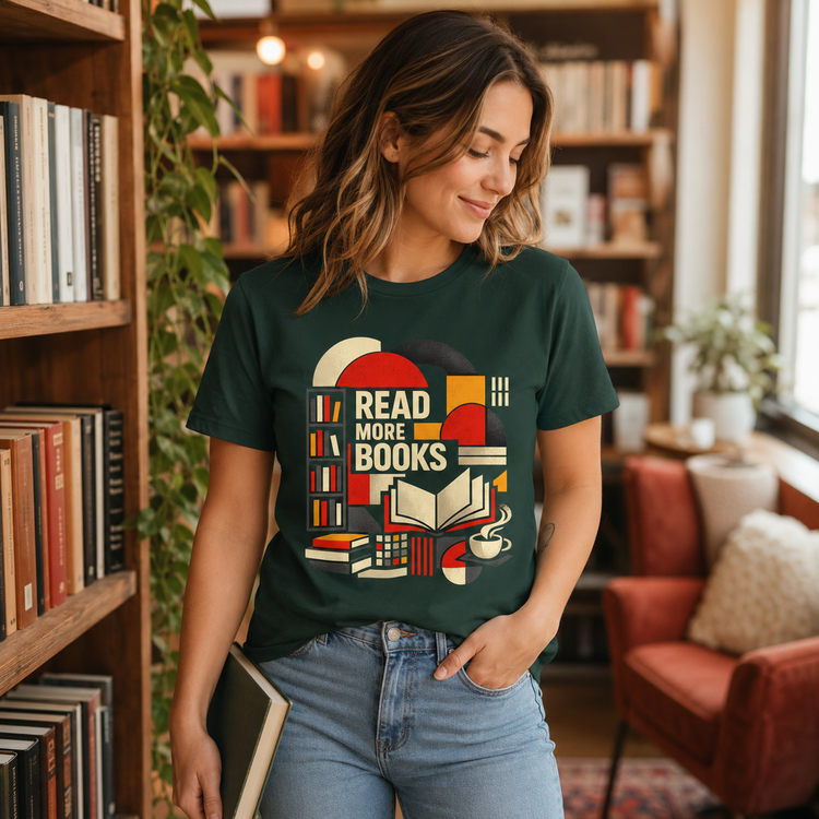 A woman wearing a dark green graphic t-shirt with a colorful &