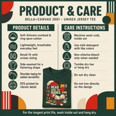 A product and care infographic for a Bella+Canvas unisex jersey tee. The graphic features a mockup of a dark green t-shirt with a colorful &