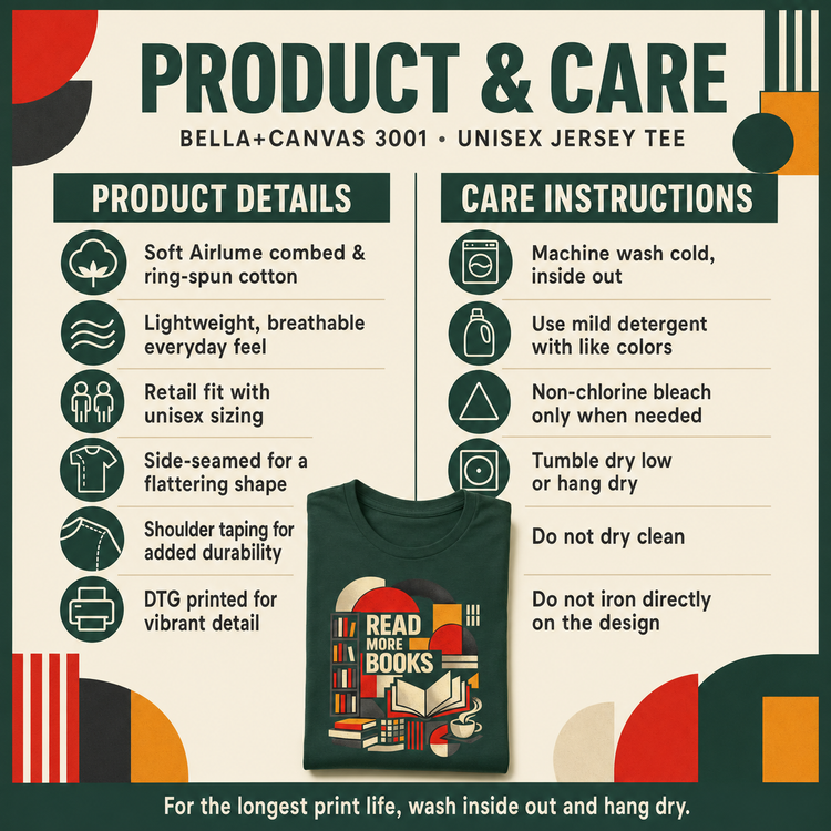 A product and care infographic for a Bella+Canvas unisex jersey tee. The graphic features a mockup of a dark green t-shirt with a colorful &