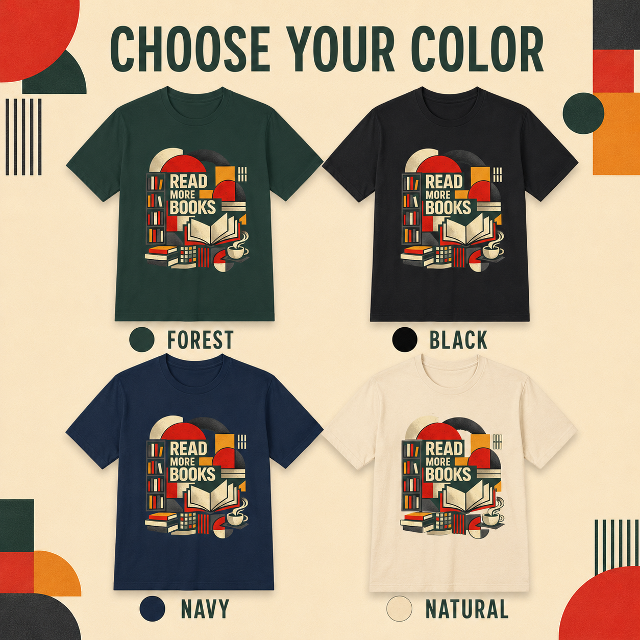 A color selection graphic for a graphic T-shirt showing four shirt color options: forest green, black, navy blue, and natural white. Each shirt features a retro-style book graphic with the text &
