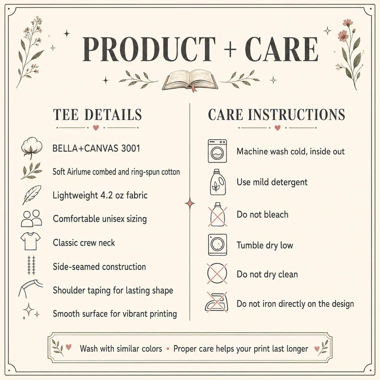 A product and care information graphic for a Bella+Canvas 3001 tee. The left side lists product details including soft airline combed cotton, 4.