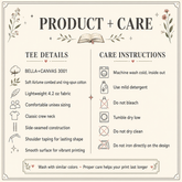A product and care information graphic for a Bella+Canvas 3001 tee. The left side lists product details including soft airline combed cotton, 4.