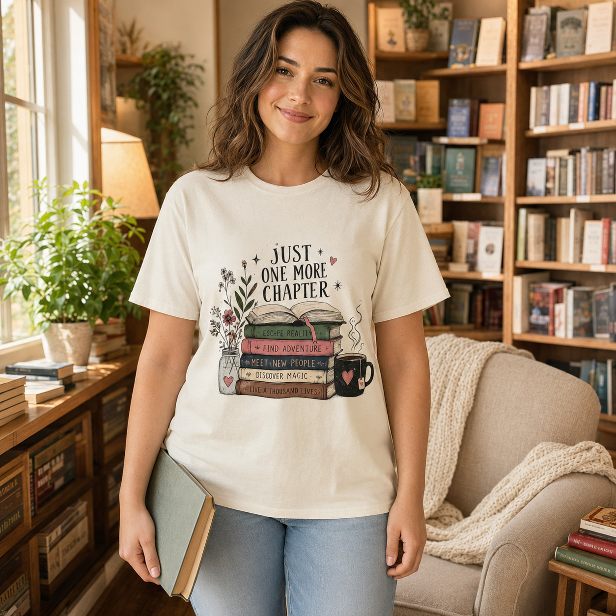 A woman stands in a cozy, book-filled room wearing a cream-colored graphic t-shirt that reads &