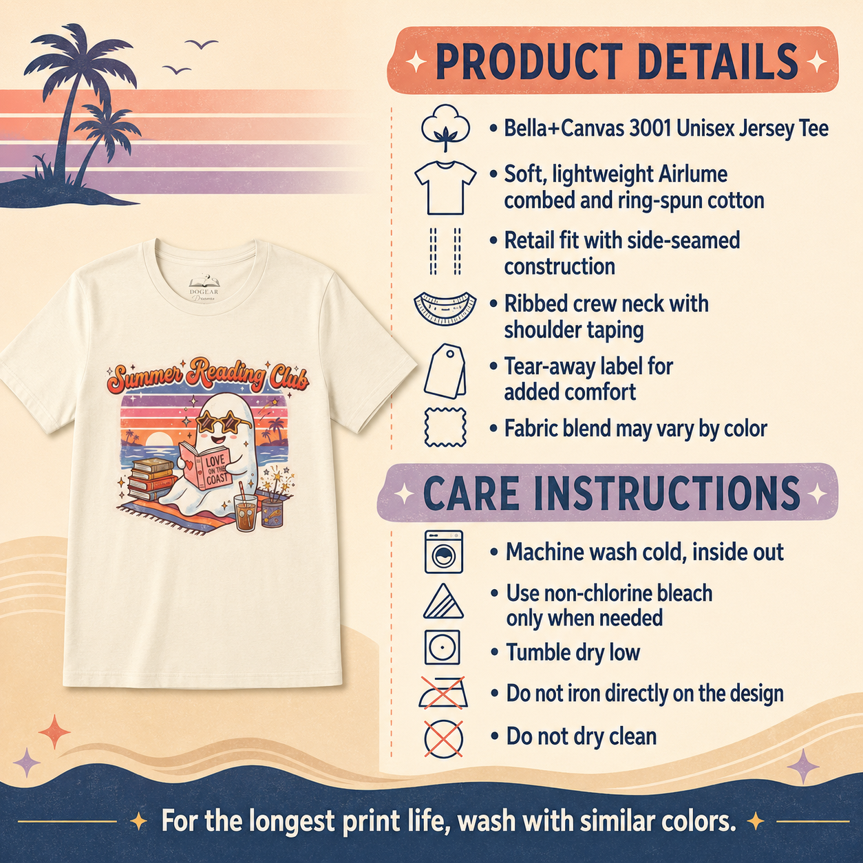 A product information graphic for a graphic t-shirt. On the left is a white crewneck t-shirt with a colorful sunset graphic reading &
