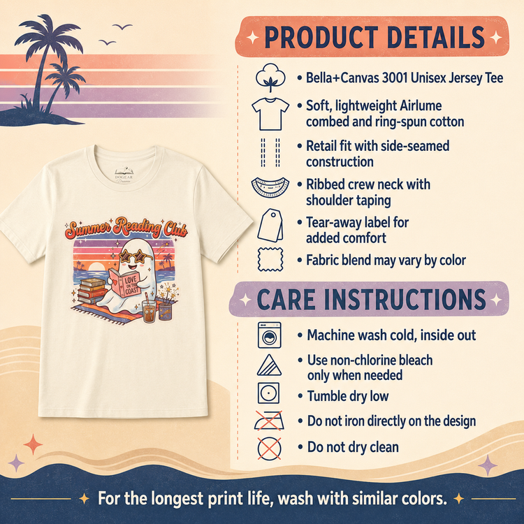 A product information graphic for a graphic t-shirt. On the left is a white crewneck t-shirt with a colorful sunset graphic reading &