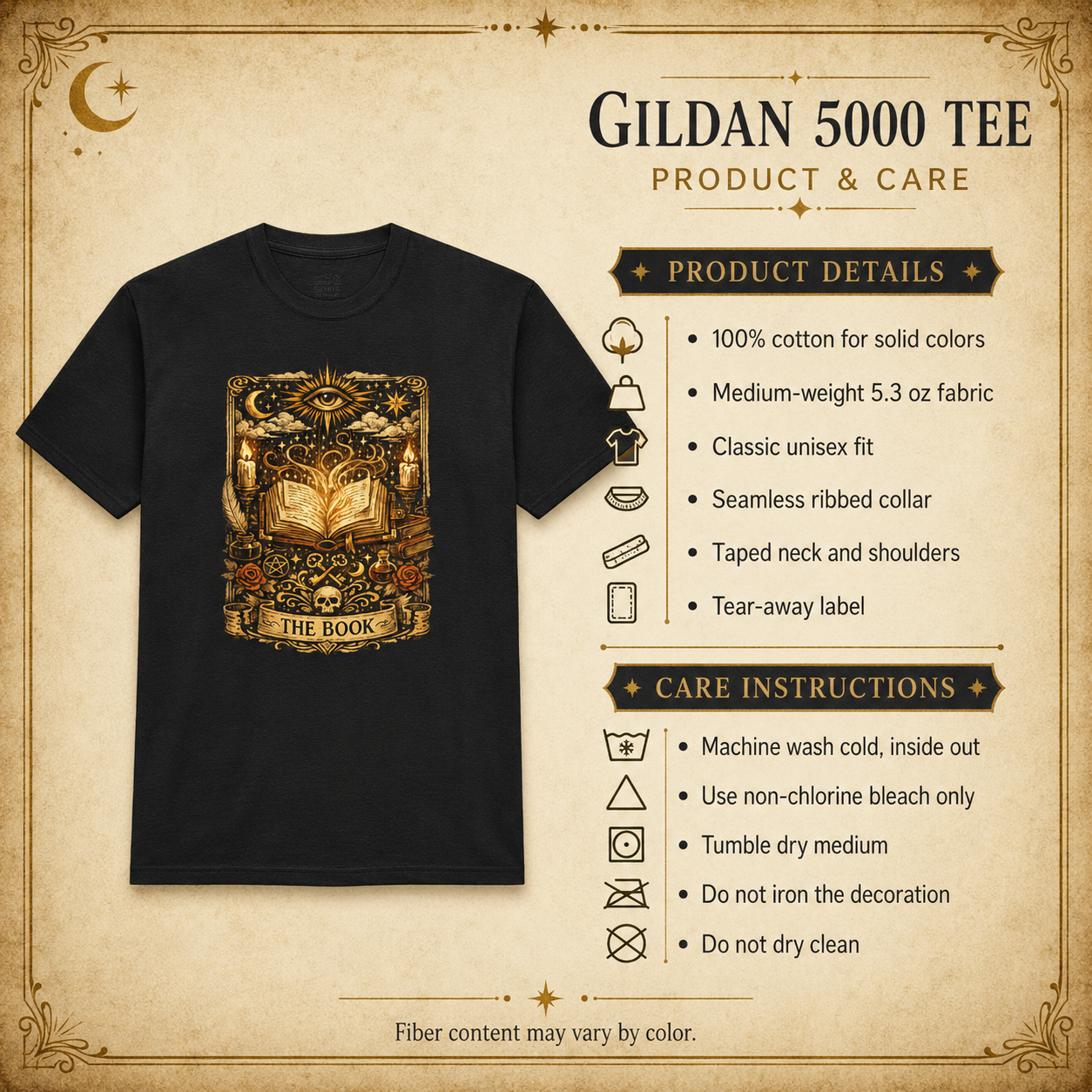 A black short-sleeve t-shirt with a large ornate gold and brown graphic of an open book and the text &