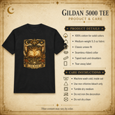 A black short-sleeve t-shirt with a large ornate gold and brown graphic of an open book and the text &