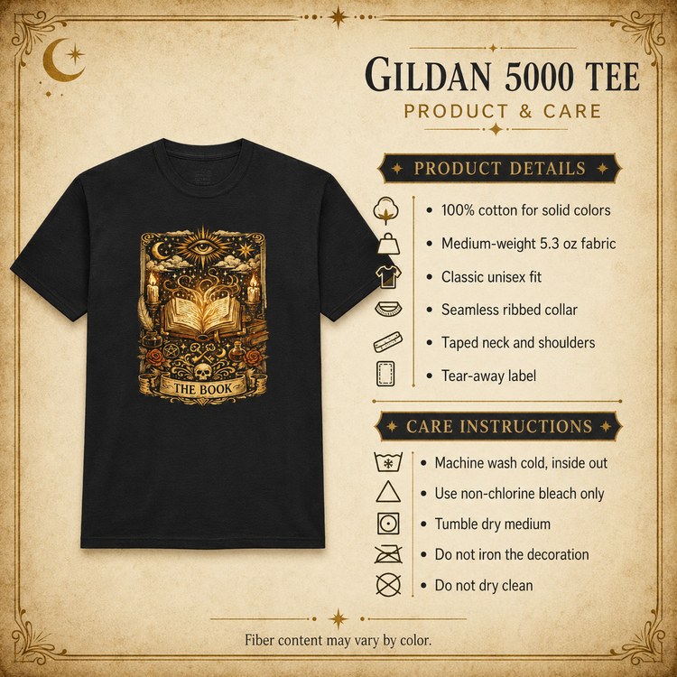 A black short-sleeve t-shirt with a large ornate gold and brown graphic of an open book and the text &