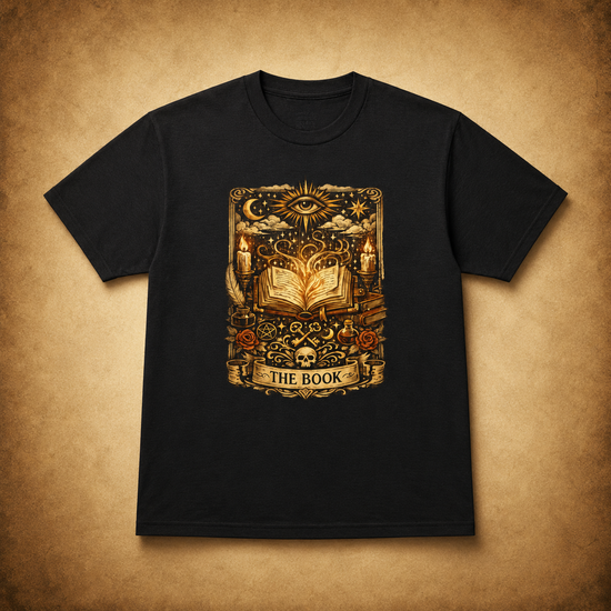 A black short-sleeve crewneck t-shirt featuring a detailed fantasy graphic of &