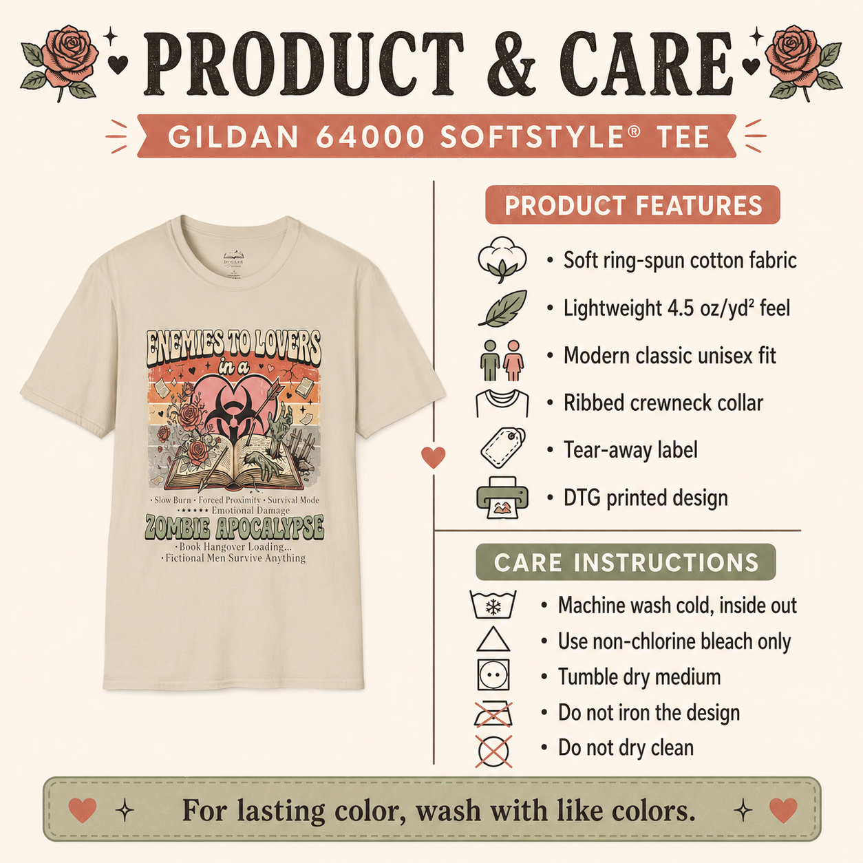 A product and care infographic for the Gildan 64000 Softstyle Tee. The graphic features a beige crewneck t-shirt with a colorful graphic print on the front, alongside detailed product features and care instructions on a light cream background.