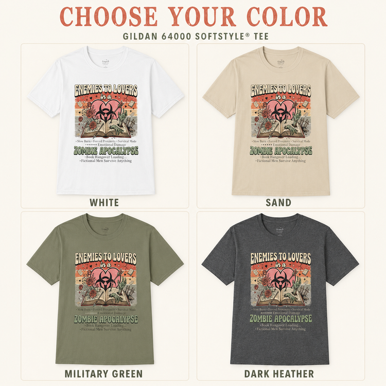 Four Gildan 64000 Softstyle T-shirts shown in a color selection grid: white, sand, military green, and dark heather. Each shirt features a distressed graphic with the text &