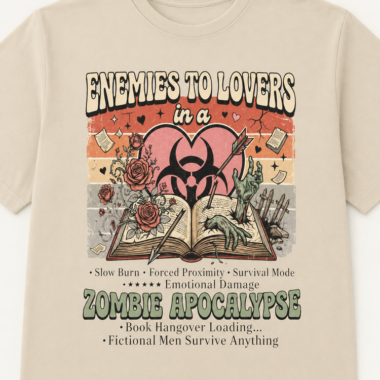 A beige crewneck t-shirt featuring a detailed graphic print with the text &