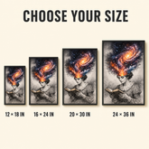 A size selection graphic showing four framed art prints of the same illustration in increasing dimensions: 12 x 18 in, 16 x 24 in, 20 x 30 in, and 24 x 36 in. The artwork depicts a woman reading with a swirling galaxy in her hair.