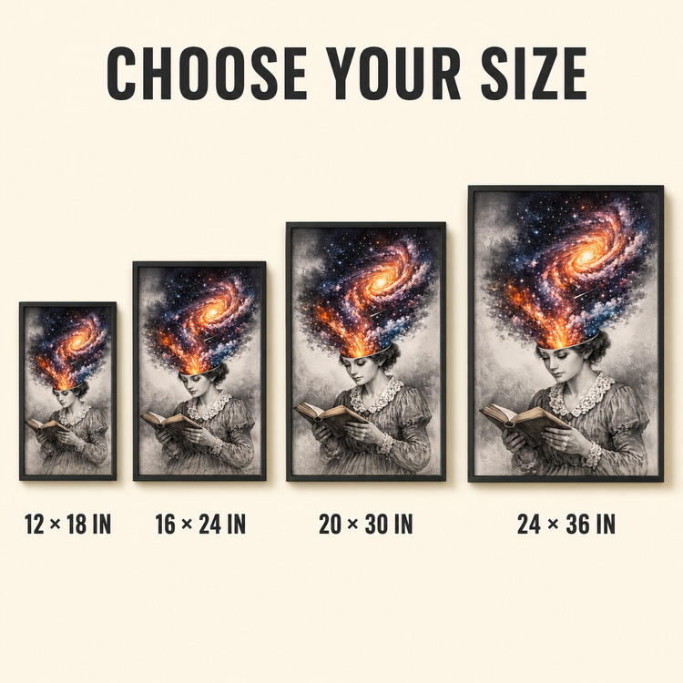 A size selection graphic showing four framed art prints of the same illustration in increasing dimensions: 12 x 18 in, 16 x 24 in, 20 x 30 in, and 24 x 36 in. The artwork depicts a woman reading with a swirling galaxy in her hair.