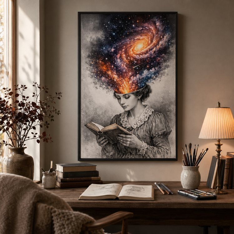 A framed wall art print hangs above a wooden desk in a warm, styled room. The artwork depicts a black-and-white woman reading with a swirling galaxy in her hair.