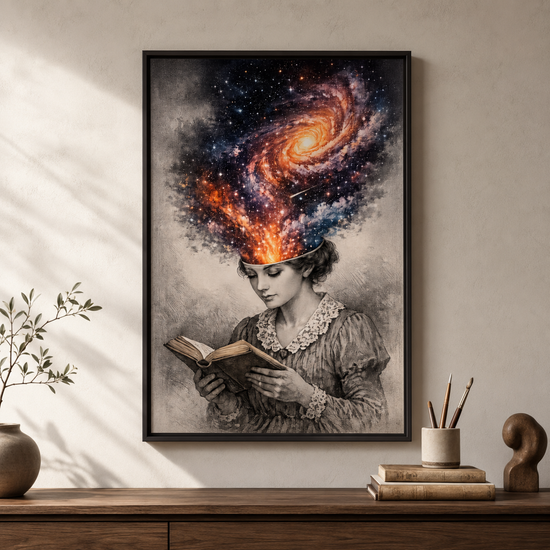 A framed vertical art print hangs on a beige wall above a wooden console table. The artwork shows a woman in a vintage dress reading a book, with a swirling galaxy erupting from her head.