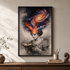 A framed vertical art print hangs on a beige wall above a wooden console table. The artwork shows a woman in a vintage dress reading a book, with a swirling galaxy erupting from her head.