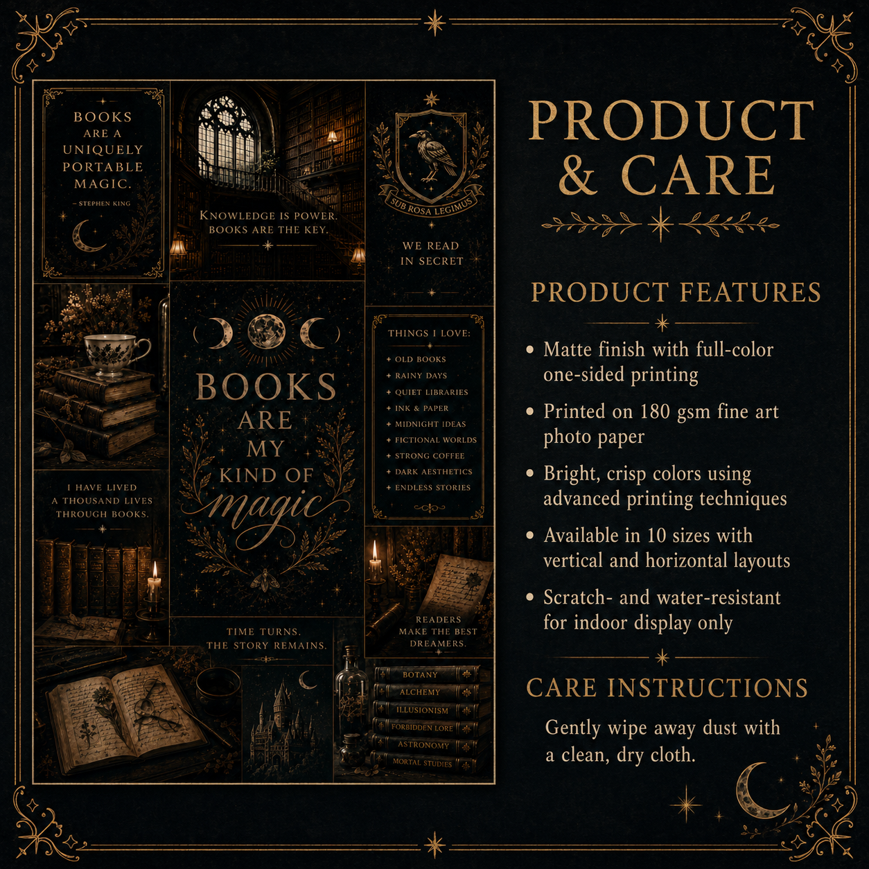 A decorative product information graphic for a book-themed item, with ornate gold text and borders on a black background. The left side shows several illustrated book covers and book-themed imagery, while the right side reads &
