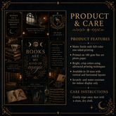 A decorative product information graphic for a book-themed item, with ornate gold text and borders on a black background. The left side shows several illustrated book covers and book-themed imagery, while the right side reads &