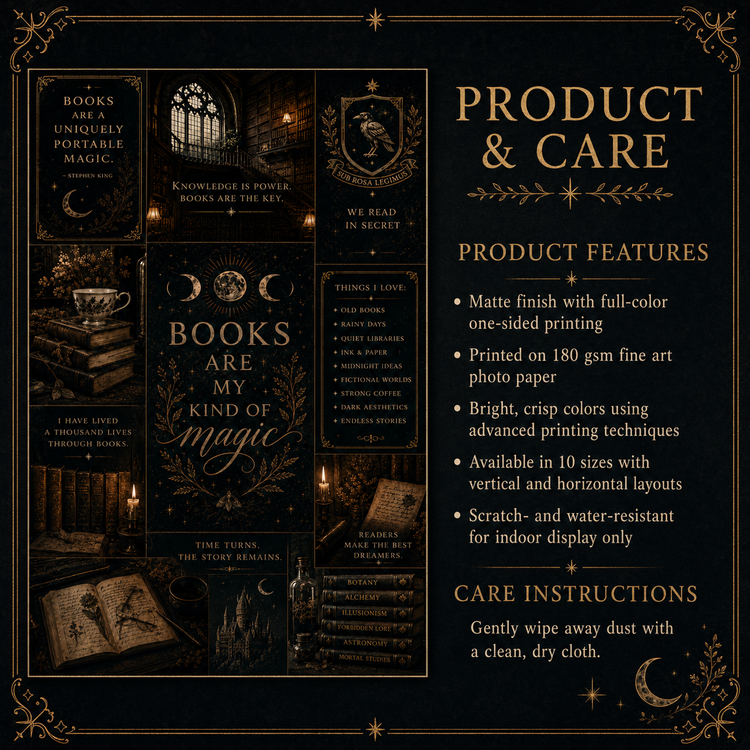 A decorative product information graphic for a book-themed item, with ornate gold text and borders on a black background. The left side shows several illustrated book covers and book-themed imagery, while the right side reads &
