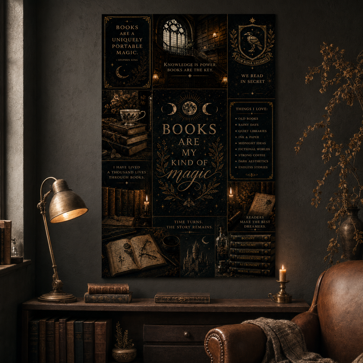 A dark, moody room scene with a large decorative wall poster featuring gothic book-themed text and illustrations, mounted above a wooden console table with a lamp, candles, books, and a leather armchair.